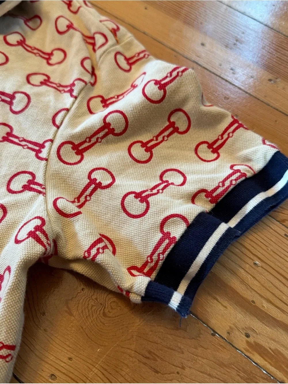 GUCCI HORSEBIT PRINT COTTON POLO SHIRT Cream Red Size Small